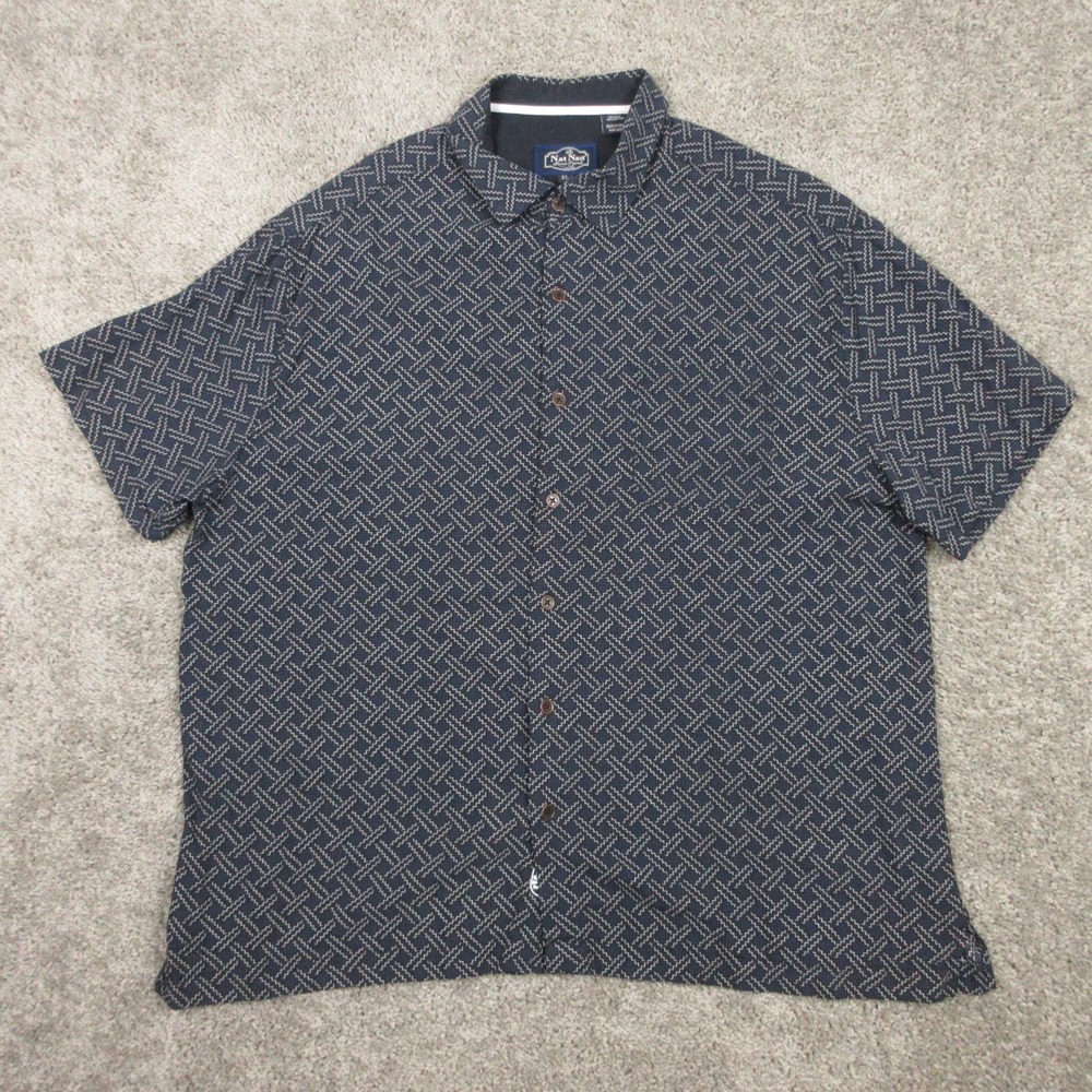 Nat‎ Nast Shirt Mens XL Blue Geometric Silk Cotton Short Sleeve Summer Button Up